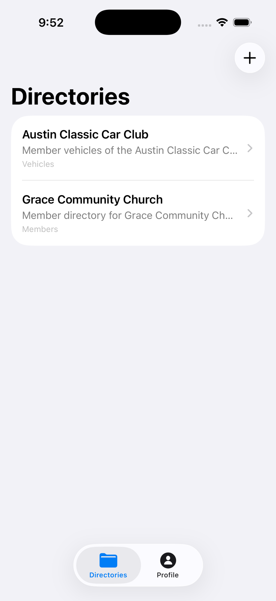 Vinyaas iOS app showing directory list with Austin Classic Car Club and Grace Community Church